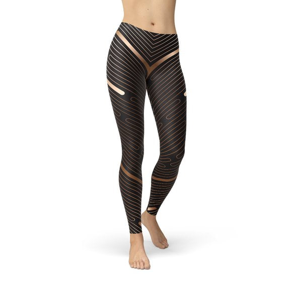 Women's Striped Sports Leggings - Brown